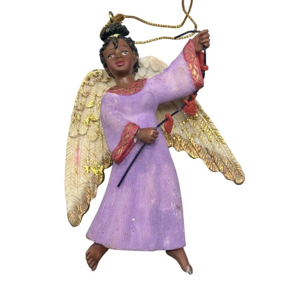 African American Angel Ornament With Gold Wings & Purple Dress Christmas READ - Picture 1 of 7